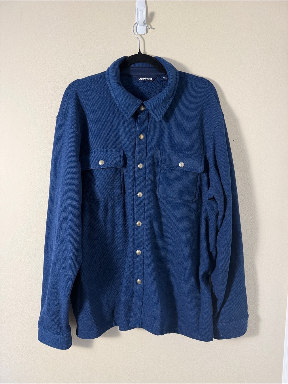 Lands End Fleece Shirt Mens Blue Snap Front Pockets Size XL